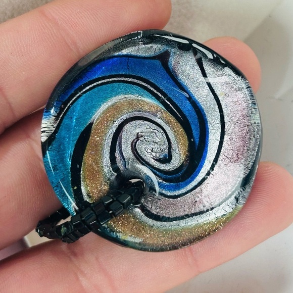 Vintage Cobalt Blue Fused Foil Art Glass Swirl Hand Blown Vortex Beaded Pendant - Picture 7 of 8